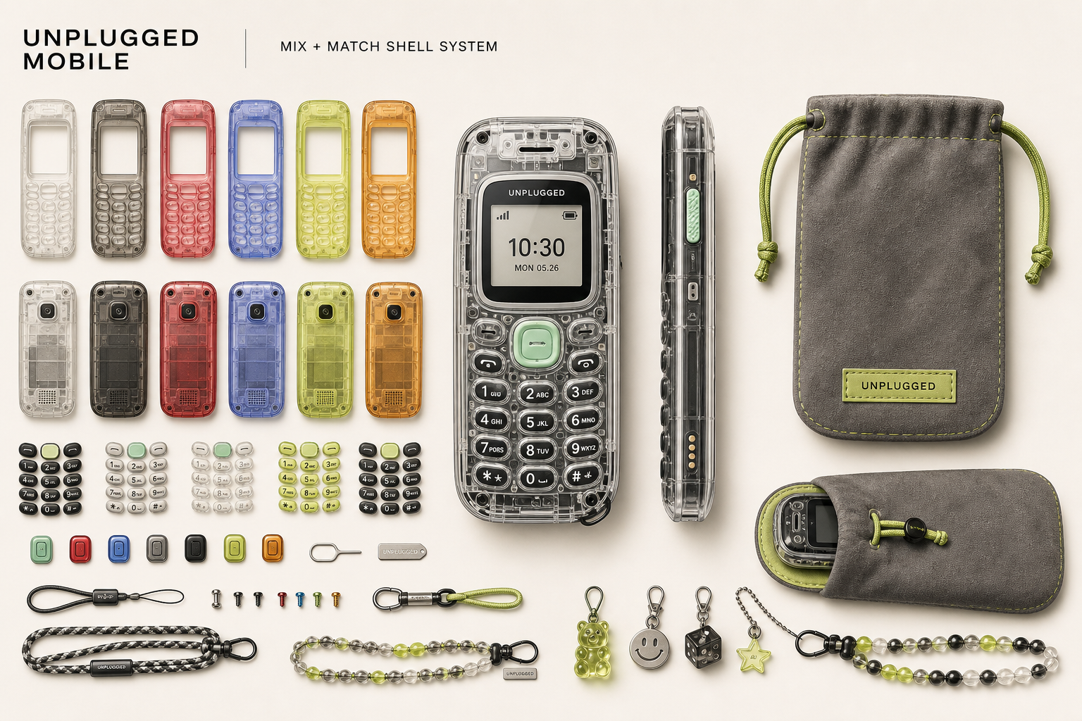 Unplugged Mobile locked product design with clear phone, shells, accessories, and pouch